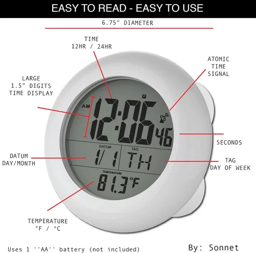 Vista 5 de Sonnet Reloj de ducha para baño y cocina, pantalla digital grande que muestra la hora, la fecha, el día de la semana y la temperatura. Ventosas
