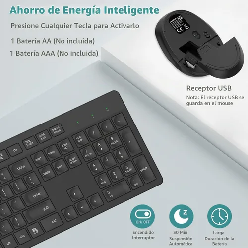 Vista 4 de LeadsaiL Combo de teclado y mouse inalámbricos, teclado ergonómico de tamaño completo para computadora, teclado inalámbrico de 2.4GHz, mouse