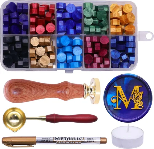 Vista 19 de SWANGSA Kit de sellos de cera del alfabeto, diseño de mariposa vintage, 26 letras A-Z con 2 asas de madera, kit de regalo para invitación de boda