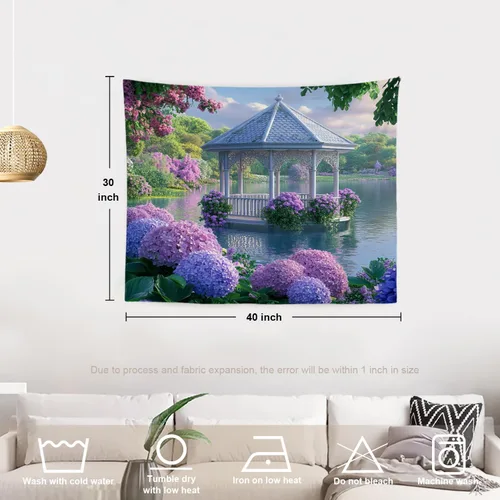 Vista 5 de Batmerry Peaceful Retreat Beautiful Landscape Polyester Tapestry, Blooming Garden Setting Lightweight Wall Hanging High-Definition Print Backdrop