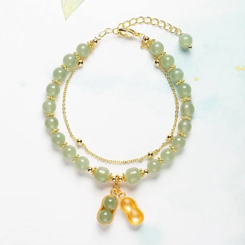 Vista 3 de SJDOFU Pulsera de cuentas de jade Hetian Jade Peanut Colgante Pulsera elástica para mujer (verde claro), Esmeralda, Jade