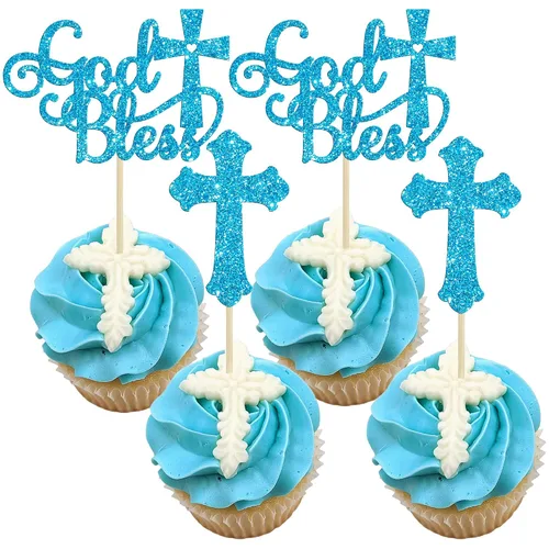 Vista 17 de Gyufise 24 piezas de decoración de pastel de Dios bendiga y decoración de bautizo para cupcakes, cruces de Dios bendiga, adornos de cupcake