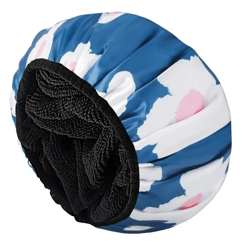 Vista 14 de Aquior Gorro de ducha con forro de rizo para mujer, reutilizable, triple capa impermeable, extra grande para mujeres de pelo largo (negro)