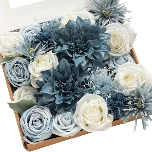 Vista 29 de Ling's moment Caja de flores artificiales, tallos de follaje artificial falso, rosas de espuma, dalia de seda, hierba de pampas, flor de tela