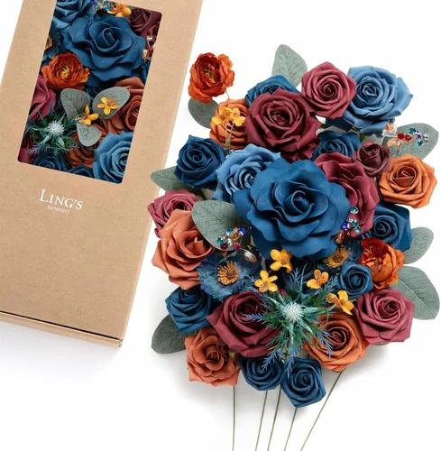 Vista 16 de Ling's moment Caja de Flores Falsas, Tallos de Vegetación Artificial Falsa Rosas de Espuma Dalia Hortensia de Seda Peonía Flor de Tela para Centros