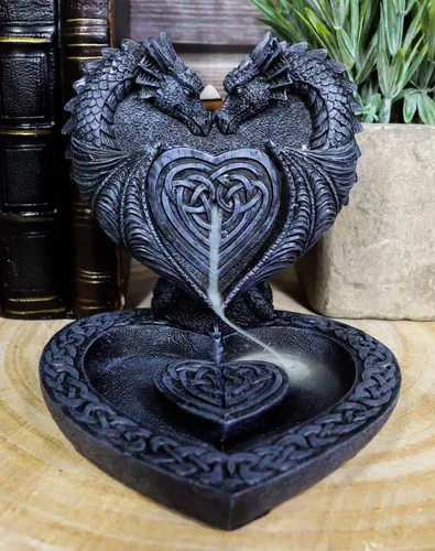 Vista 8 de Ebros Gift Guardian of Faux Stone Celtic Heart Tomb Altar Romántico Doble Dragón Cono de reflujo Incienso en cascada Humo Piscina Cascada Quemador