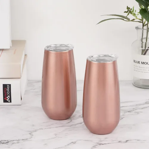Vista 2 de Paquete de 2 vasos de champán sin tallo, vaso de flauta aislado de 6 onzas, vasos irrompibles de doble aislamiento para amigos, cumpleaños, Navidad