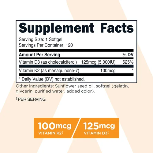 Vista 2 de TransformHQ Vitamina K2 (MK7) (100 mcg) + vitamina D3 (5000 UI) 120 cápsulas blandas, sin gluten y sin OMG
