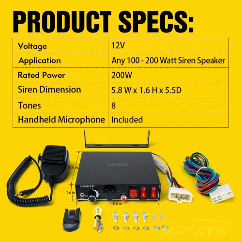 Vista 6 de Sistema PA de sirena de emergencia de 200 vatios con 8 tonos Xprite. Kit con micrófono de mano e interruptores de control de luces
