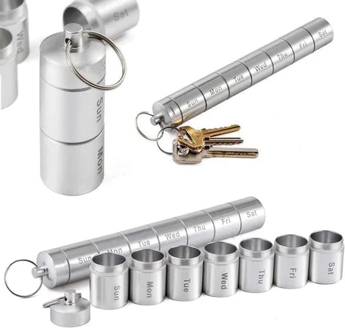 Vista 5 de Pastillero de metal para 7 días, organizador de aleación de aluminio, pastillero de viaje, contenedor pequeño, estuche de medicina de emergencia