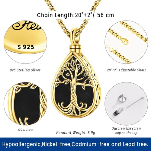 Vista 3 de Eusense Tree of Life for Ashes Urn Necklace Cremation Jewelry Oro