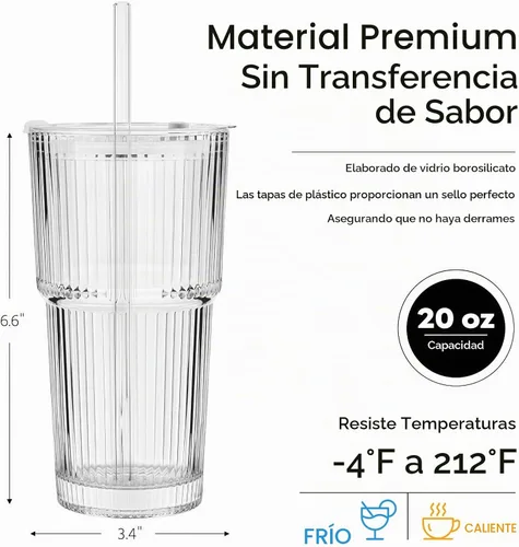 Vista 2 de TUZAZO - Paquete de 4 vasos de vidrio acanalado de 20 onzas con tapas y 20oz-4Pack