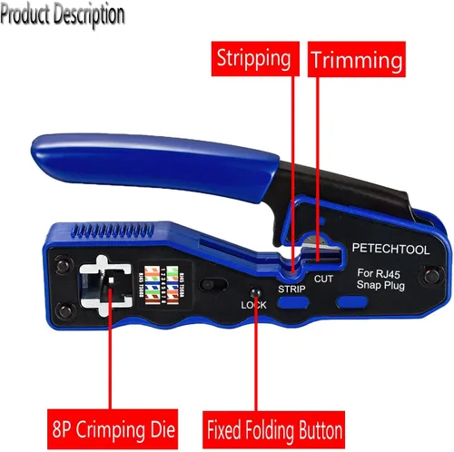 Vista 2 de Herramienta de Crimpado RJ45 con Pasador, Cortador, Crimpador para Cat6a Cat6 Cat5 Cat5e Conector Modular 8P8C, Herramienta de Crimpado Ethernet