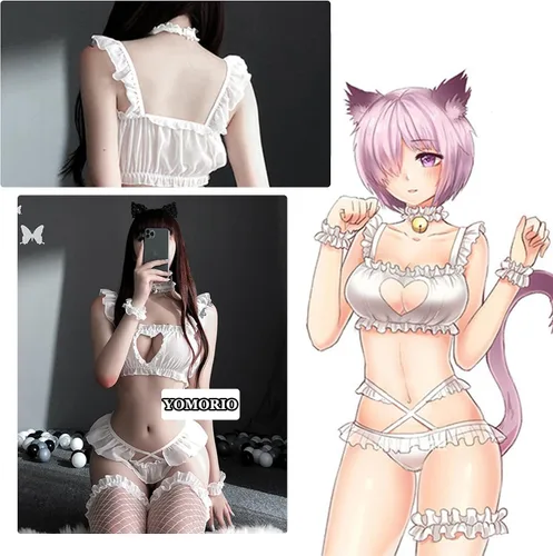 Vista 7 de YOMORIO Anime lindo gato Cosplay traje mujer sexy pecho abierto lencería Lolita estilo japonés camisón