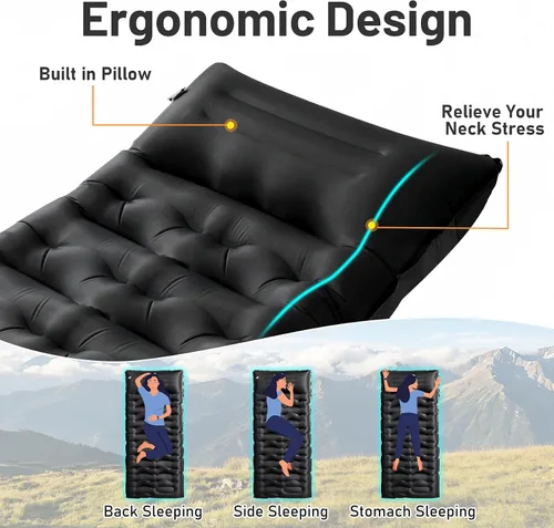 Vista 6 de KASBAH - Colchoneta de dormir inflable de 6 pulgadas de grosor con bomba de pie y almohada integradas, equipo de campamento ultraligero