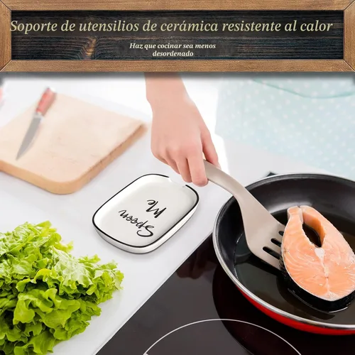 Vista 4 de Soporte de cuchara de cerámica para estufa, soporte grande para cuchara para encimera de cocina, soporte de cuchara de café blanco, soporte