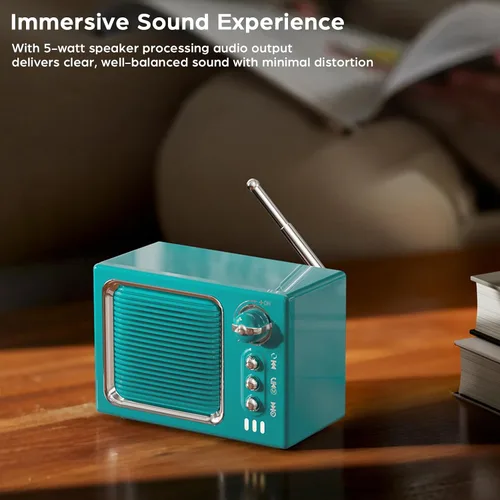 Vista 6 de Altavoz Bluetooth retro, mini altavoz Bluetooth inalámbrico portátil vintage con sonido de ruido blanco, sonido fuerte de 5 W, llamadas manos Beige