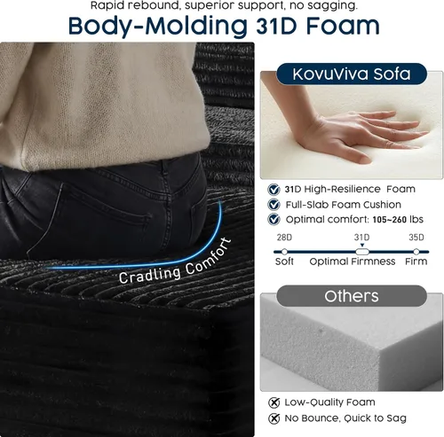 Vista 7 de Sofá modular negro de 108 pulgadas con otomana, sofá en forma de U en forma de nube para sala de estar, no necesita montaje, tela de pana de felpa