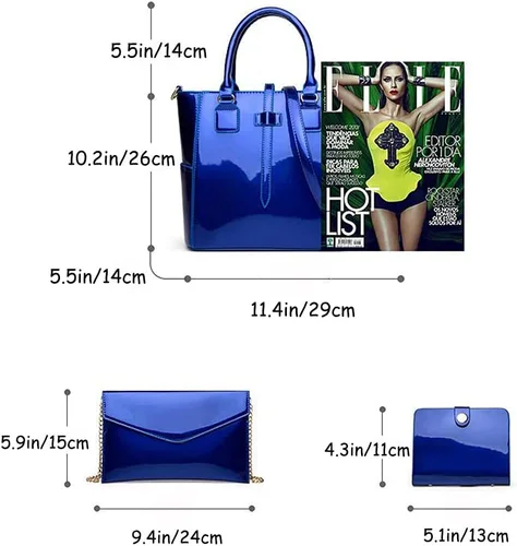 Vista 4 de Bolso de mano y bolso de patente 3 piezas para mujer brillante PU asa superior bolsos cadena mensajero bolsa embrague titular de la tarjeta