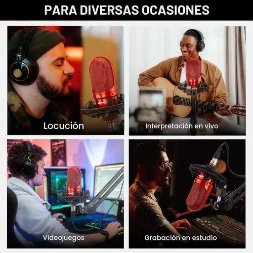 Vista 6 de SUUNTOK Micrófono de condensador XLR, micrófono de grabación con soporte de choque, kit de micrófono de estudio en casa para voz en off Rojo