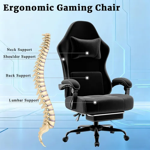 Vista 4 de Ergonomic Gaming Chair with Massage Lumbar Support and Footrest Height Adjustable Fabric Computer Chair with Pocket Spring Cushion for Video Game
