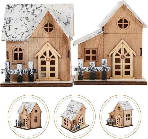 Vista 8 de Uonlytech 2 casas de Navidad iluminadas de madera, casa de Navidad de madera, iluminada por LED, edificios coleccionables para Navidad, invierno