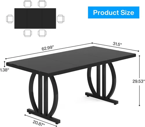Vista 2 de Tribesigns Mesa de comedor moderna de 63 pulgadas para 6, mesa de cocina rectangular con marco de metal, mesa de comedor negra para el hogar, comedor