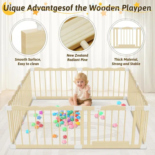 Vista 2 de Corralito de madera para bebés y bebés, corralito de madera ondulada de 65 x 65 pulgadas, corralito para puerta de bebé con 30 bolas oceánicas