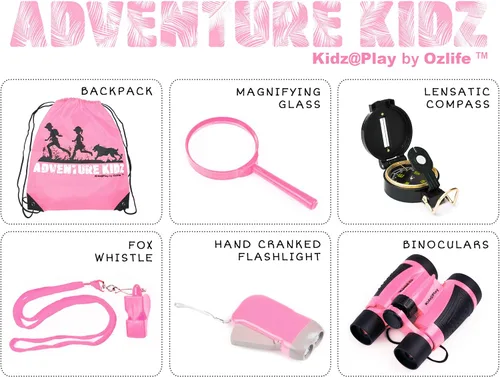 Vista 3 de Adventure Kidz - Kit de exploración al aire libre, binoculares, linterna, brújula, silbato, lupa, paquete de mochila (14 artículos)