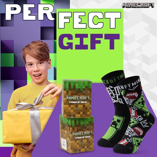 Vista 3 de Minecraft Calcetines para niños, paquete de 3 o 5 unidades, calcetines de tobillo para niños, ricos en algodón, para uso diario, escuela, deportes