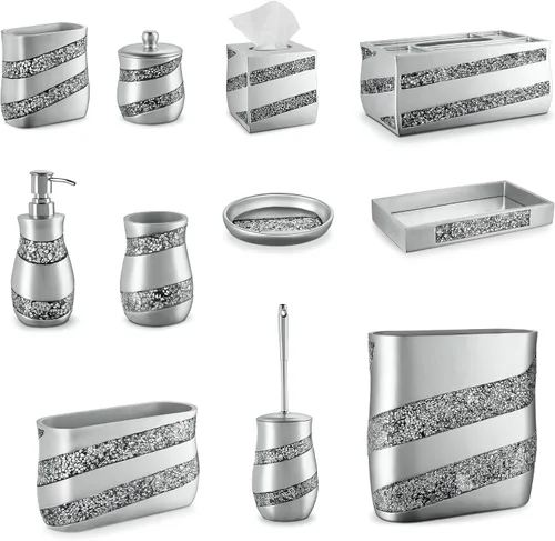 Vista 4 de Creative Scents Dispensador de jabón líquido de mosaico plateado para baño, dispensador de loción decorativo, dispensador de jabón de encimera