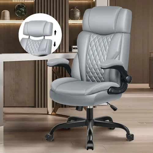 Vista 12 de Office Chair Flip Up Arms, Executive Leather Office Chair Ergonomic Desk Chair with Lumbar Support, Adjustable Headrest, Computer Chair Home Office