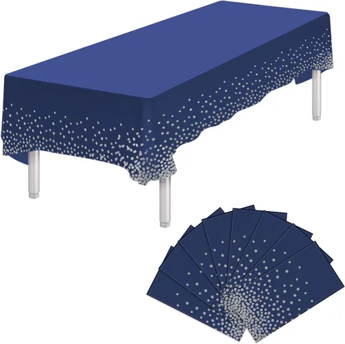 Vista 30 de Paquete de 4 manteles de plástico desechables azules y dorados para mesa rectangular, manteles desechables de 54 x 108 pulgadas, manteles