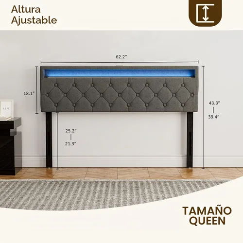 Vista 2 de IKIFLY Cabecera tapizada tamaño Queen con luces LED, puerto USB y tipo C 39.4"-43.3" Adjustable Height, Button Tufted Linen Fabric Padded Queen