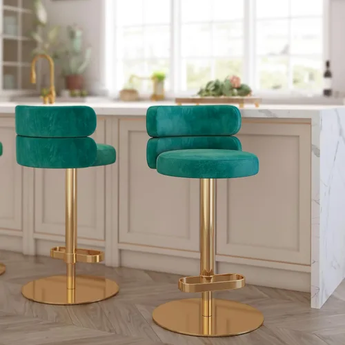 Vista 16 de Taburetes de bar de terciopelo modernos giratorios de altura ajustable para encimera de cocina, taburetes de bar con reposapiés para sala de estar
