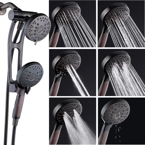Vista 4 de Combo de lujo de 3 vías de alta presión de 48 modos con brazo de extensión ajustable – Cabezal de ducha dual de lluvia y de mano – Manguera de acero