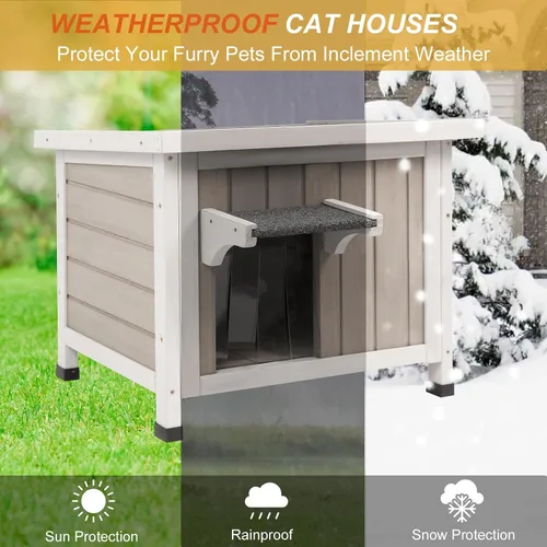 Vista 7 de Casa aislada para gatos al aire libre, aislada en invierno y termostática, casa para gatos al aire libre, madera maciza resistente a la intemperie
