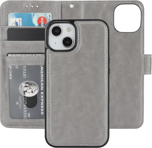 Vista 16 de Bocasal Funda tipo cartera desmontable para iPhone 14 con bloqueo RFID, ranuras para tarjetas, soporte de piel sintética de alta calidad, soporte