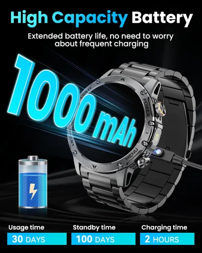 Vista 2 de Relojes inteligentes militares para hombres, reloj inteligente de 1.7 pulgadas con batería de 1000 mAh, linterna LED, frecuencia cardíaca, monitor