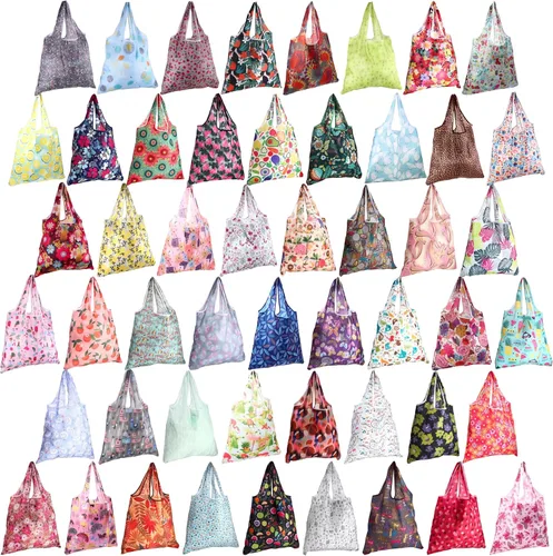 Vista 10 de Paterr Paquete de 50 bolsas de comestibles reutilizables plegables, bolsas de compras lavables a granel con bolsa de transporte para comestibles
