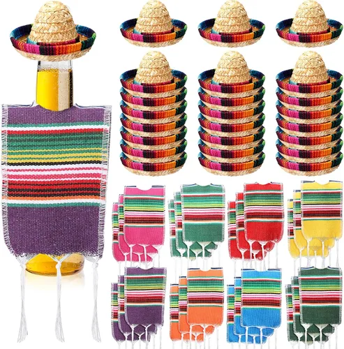 Vista 7 de Panitay 6 juegos de pequeños sombreros de sombrero, mini serapes para botellas, cubierta de poncho de cerveza, tapas de botellas para decoración