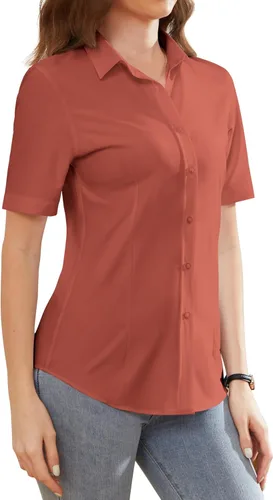 Vista 15 de Camisas de vestir para mujer, sin arrugas, con botones, de manga corta, camisas de trabajo con cuello