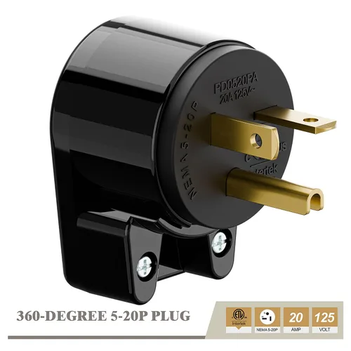 Vista 2 de Enchufe de CA macho de 3 clavijas de EE. UU., ángulo recto, ETL Nema 5-20P, 3 polos rewirable, 20A 125V USA 3Pin Conector de CA, enchufe giratorio