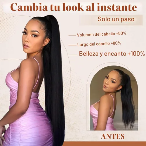 Vista 5 de Extensión de cola de caballo Flufymooz, 26 pulgadas de largo, cola de caballo recta con cordón, postizos sintéticos, colas de caballo falsas Marrón