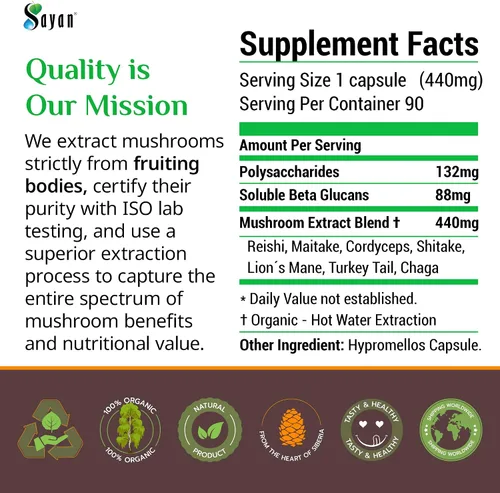 Vista 6 de Sayan 7 Extracto de hongos 90 cápsulas/440 mg ea – Apoyo inmunológico y energía – Chaga orgánico, Reishi, melena de león, maitake, shiitake, mezcla