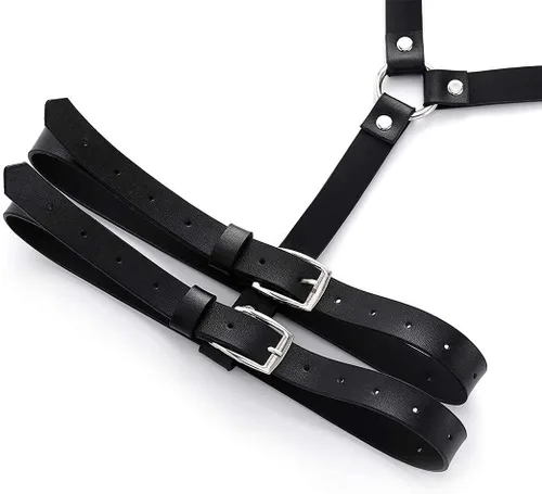 Vista 4 de Cadena de cintura de cuero punk, arnés de pierna negra, cadena de cuerpo, arnés gótico para muslos, jaula, accesorio para el cuerpo, joyería