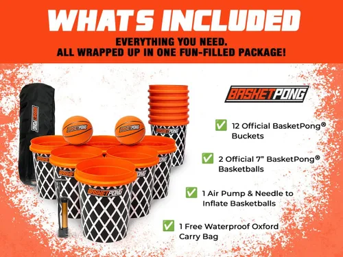 Vista 3 de Juego de pong gigante de patio y baloncesto BasketPong con 12 cubos, 2 pelotas, bolsa de transporte y bomba de aire – Juego para exteriores