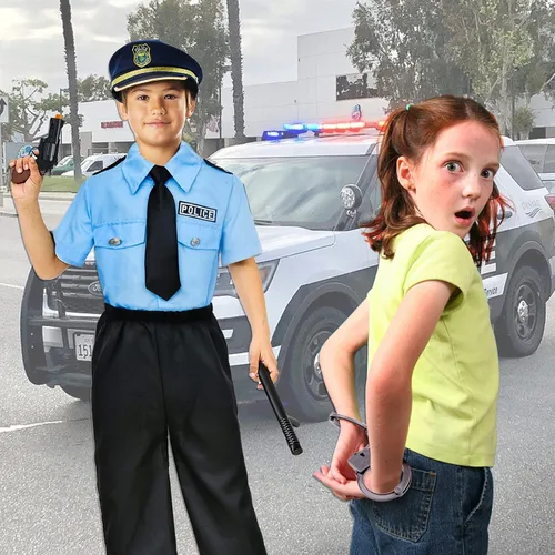Vista 7 de Latocos Police Officer Costume for Kids Halloween Dress Up Set Boy Girl Role Play Cop Shirt Pants with Accessories Toy