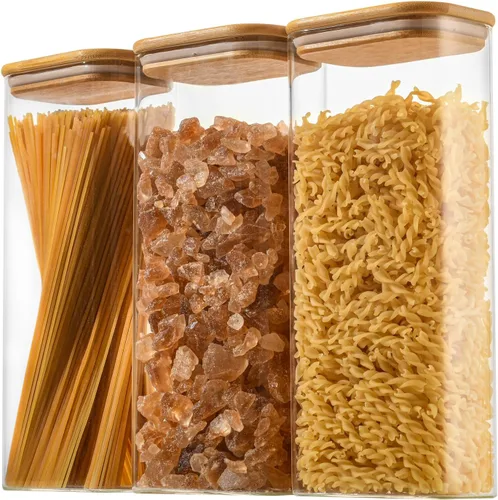 Vista 15 de D2scrma Contenedores herméticos rectangulares de vidrio de 37 onzas con tapas de bambú (juego de 4), tarro cuadrado de almacenamiento de alimentos
