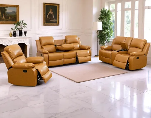 Vista 8 de Sofá reclinable manual moderno, sofá reclinable de cuero de 3 plazas, sofá reclinable de sala de estar, sofá con portavasos y mesa abatible